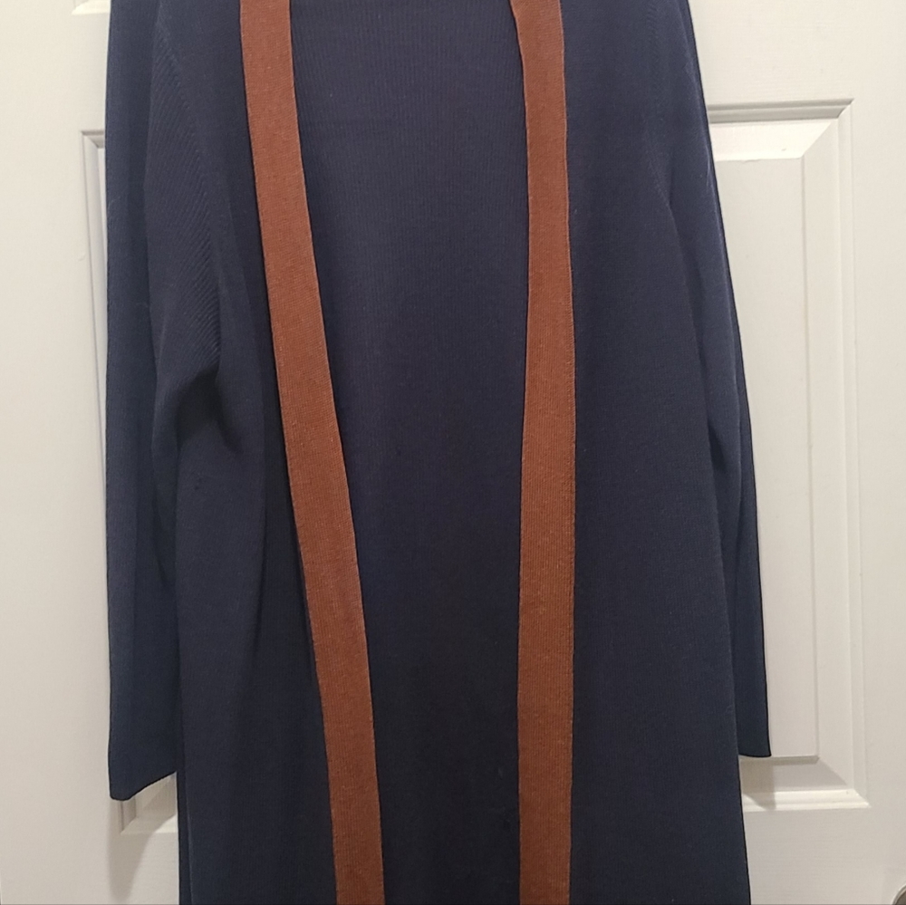 EILEEN FISHER Navy Blue Brown Trim Tencel Silk Blend Knit Open Long Cardigan 1X